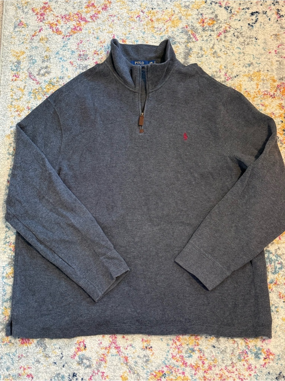 Ralph Lauren Men's Dark Charcoal Quarter-Zip Sweater with Red Pony Size XXL